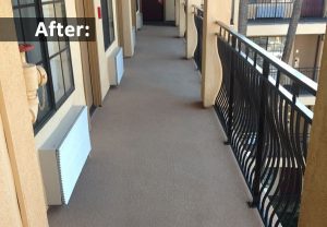 metal deck railings at hotel make walkway look larger