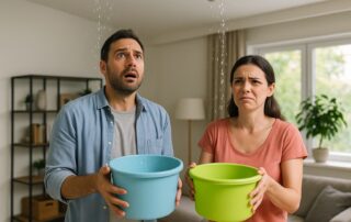 man and woman holding buckets to catch water leaking through roof before roof repair