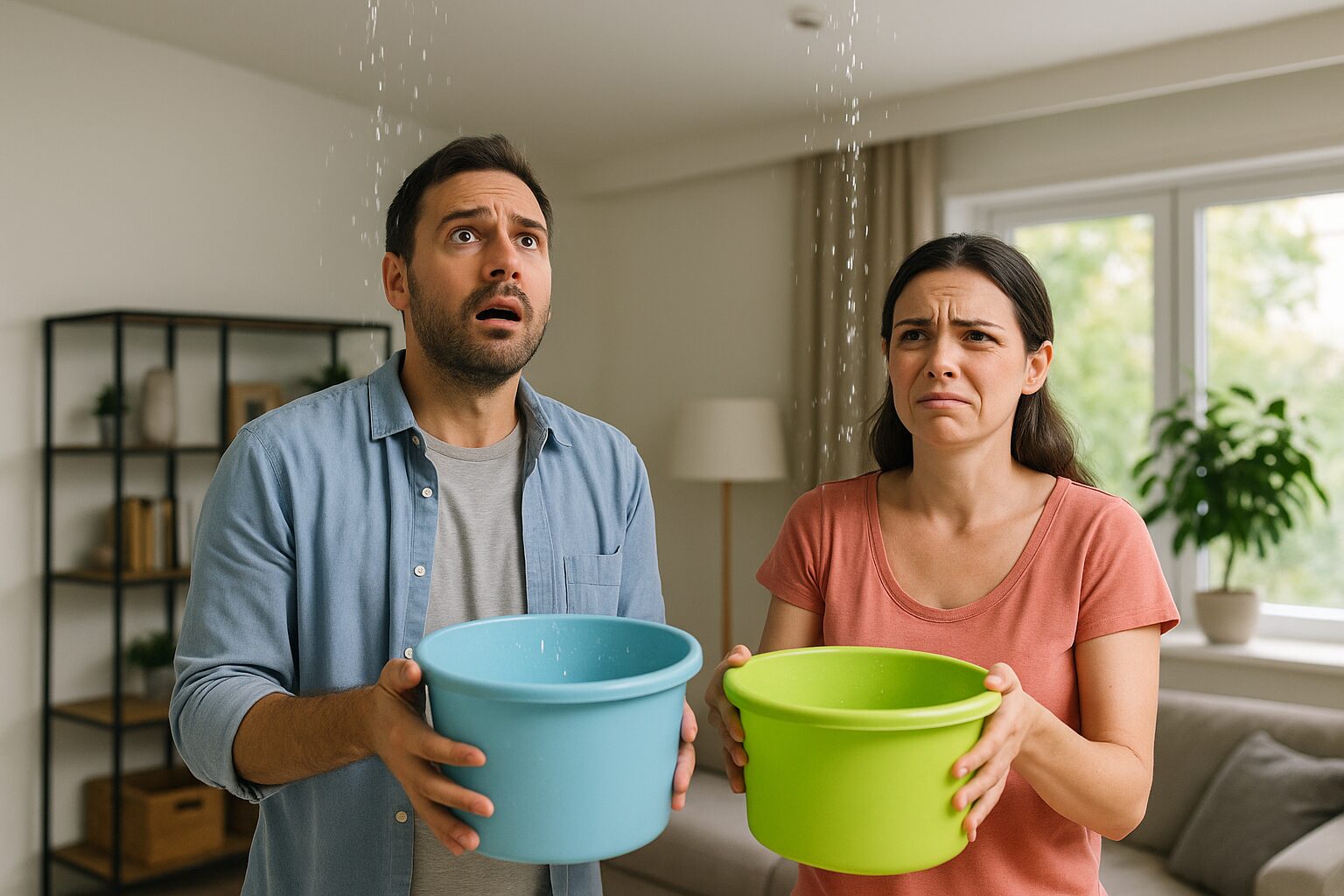 man and woman holding buckets to catch water leaking through roof before roof repair