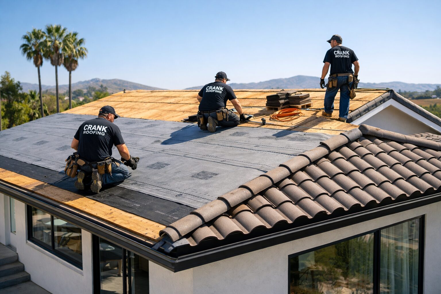 3 men replacing roof with wood decking, synthetic underlayment, and tiles exposed