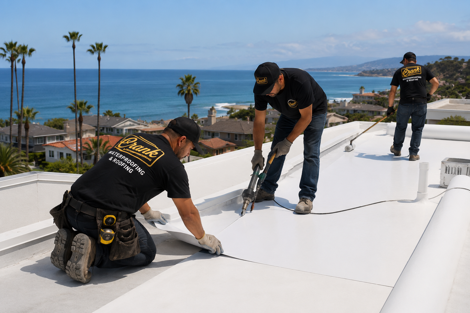 Crank workers in black tee shirts installing single ply TPO to Orange County flat roof