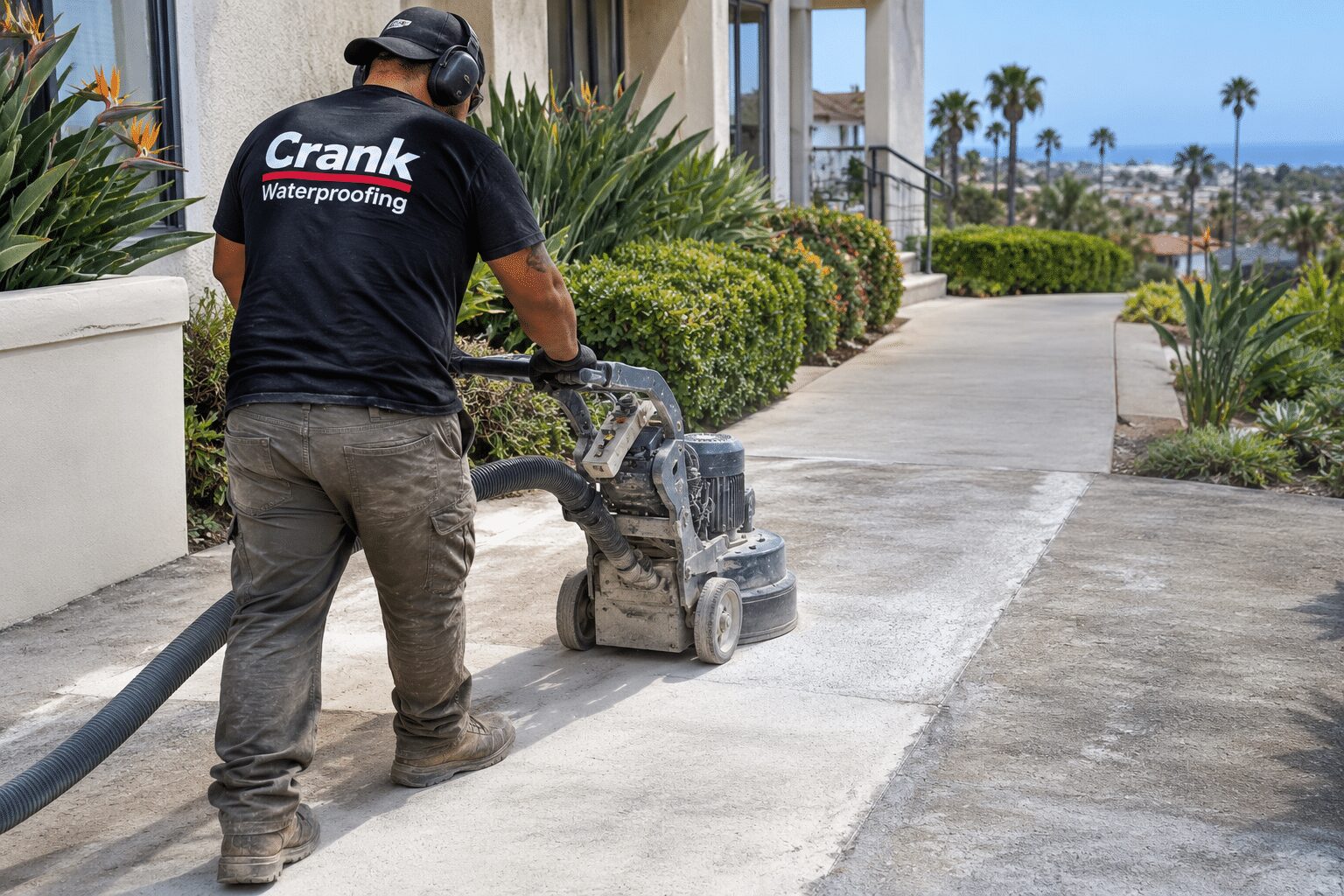 worker grinding concrete on walkway to prep for walkway coating