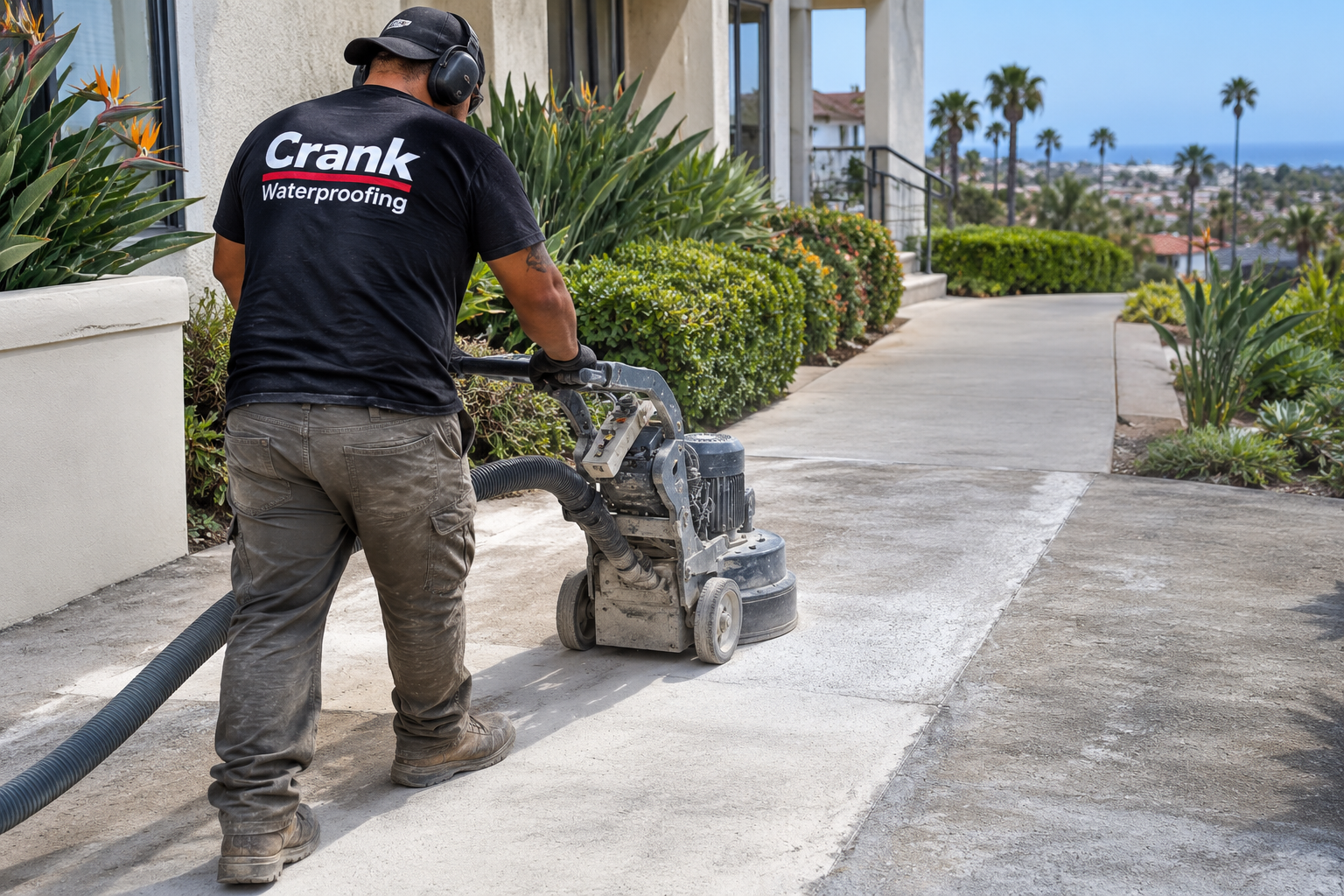 worker grinding concrete on walkway to prep for walkway coating